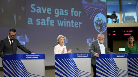 European Commission President Ursula von der Leyen presents “Save Gas for a Safe Winter” program during a press-conference in Brussels. © AP / Virginia Mayo