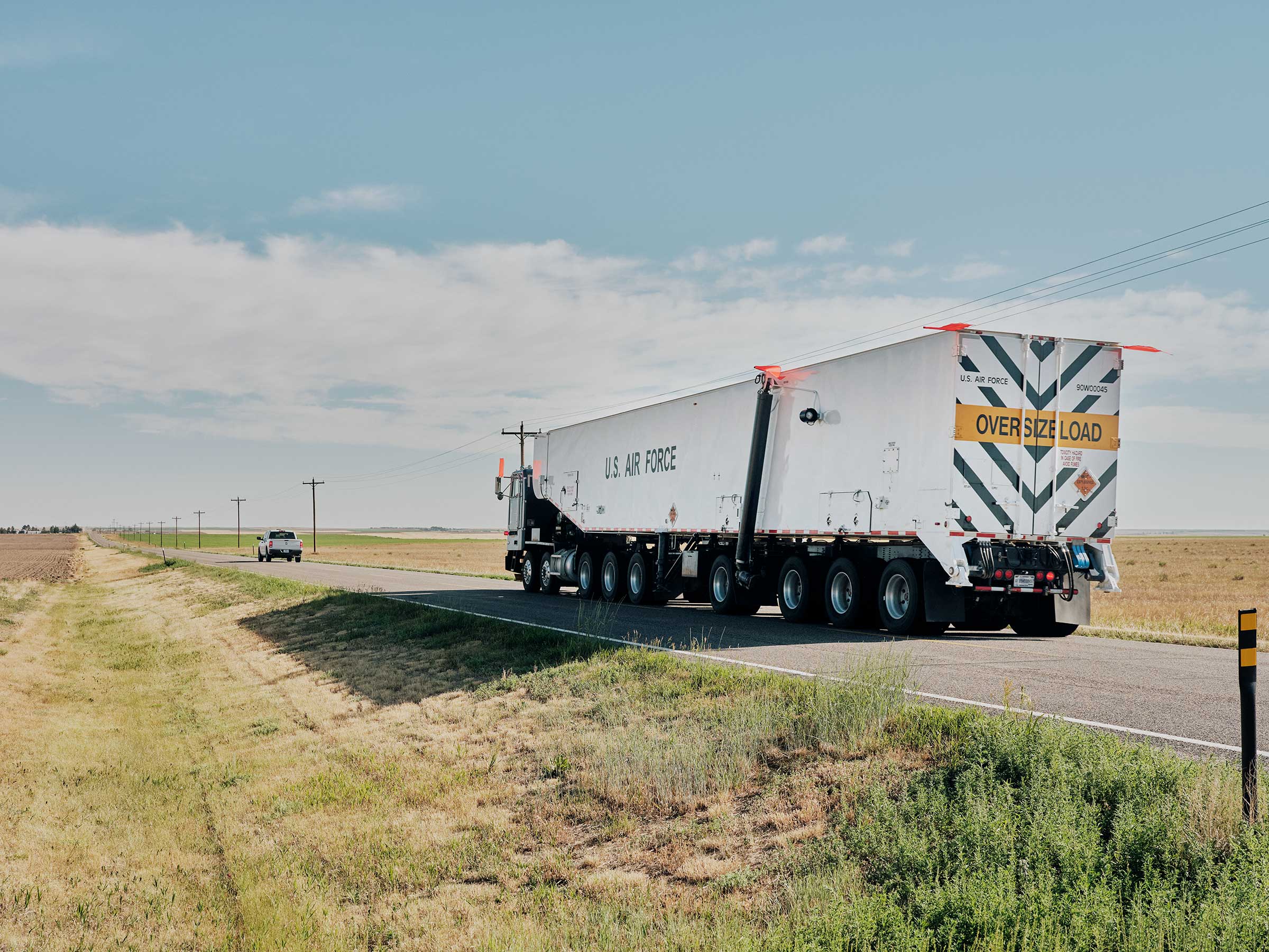 A military vehicle transports equipment on a mission to reinstall a Minuteman III at a missile silo in Pine Bluffs, Wyo. (Benjamin Rasmussen for TIME)