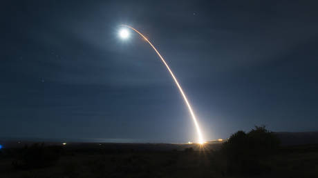 The launch of an unarmed Minuteman III intercontinental ballistic missile during a developmental test.